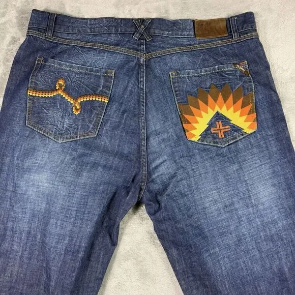LRG Lifted Research Group Mens 42X32 Denim Blue Jeans Embroidered Cross